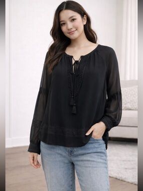Rebecca Minkoff Black Tassel Peasant Blouse Size M